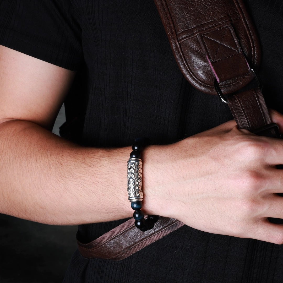 Persian Shield Men's Blue Tiger Eye & Black Natural Diamonds Clasp with Interchangeable Strand - DaneilaLeon