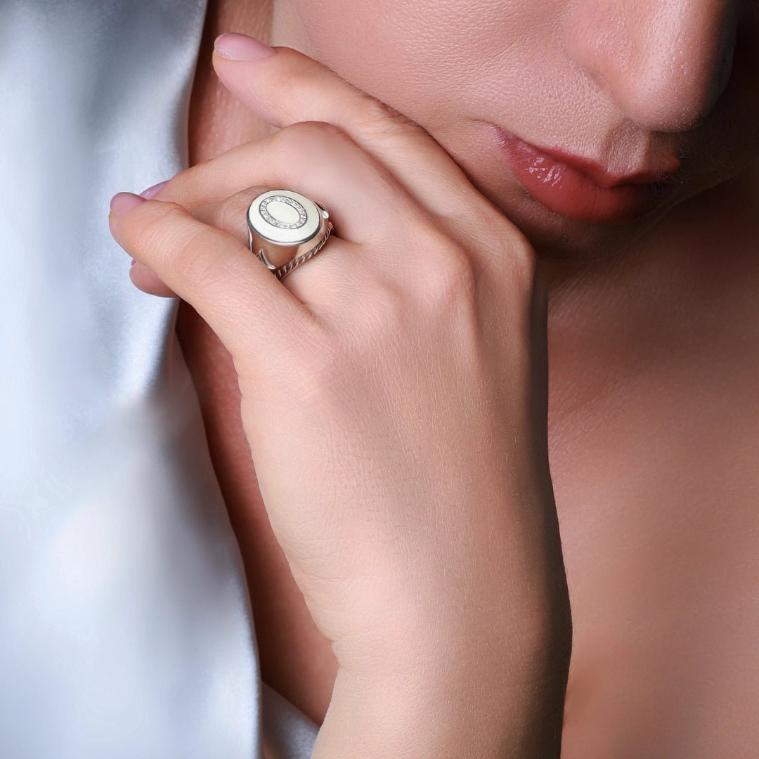 Persian Shield Women's Signet Ring with Diamonds & Ivory - Color Enamel - DaneilaLeon