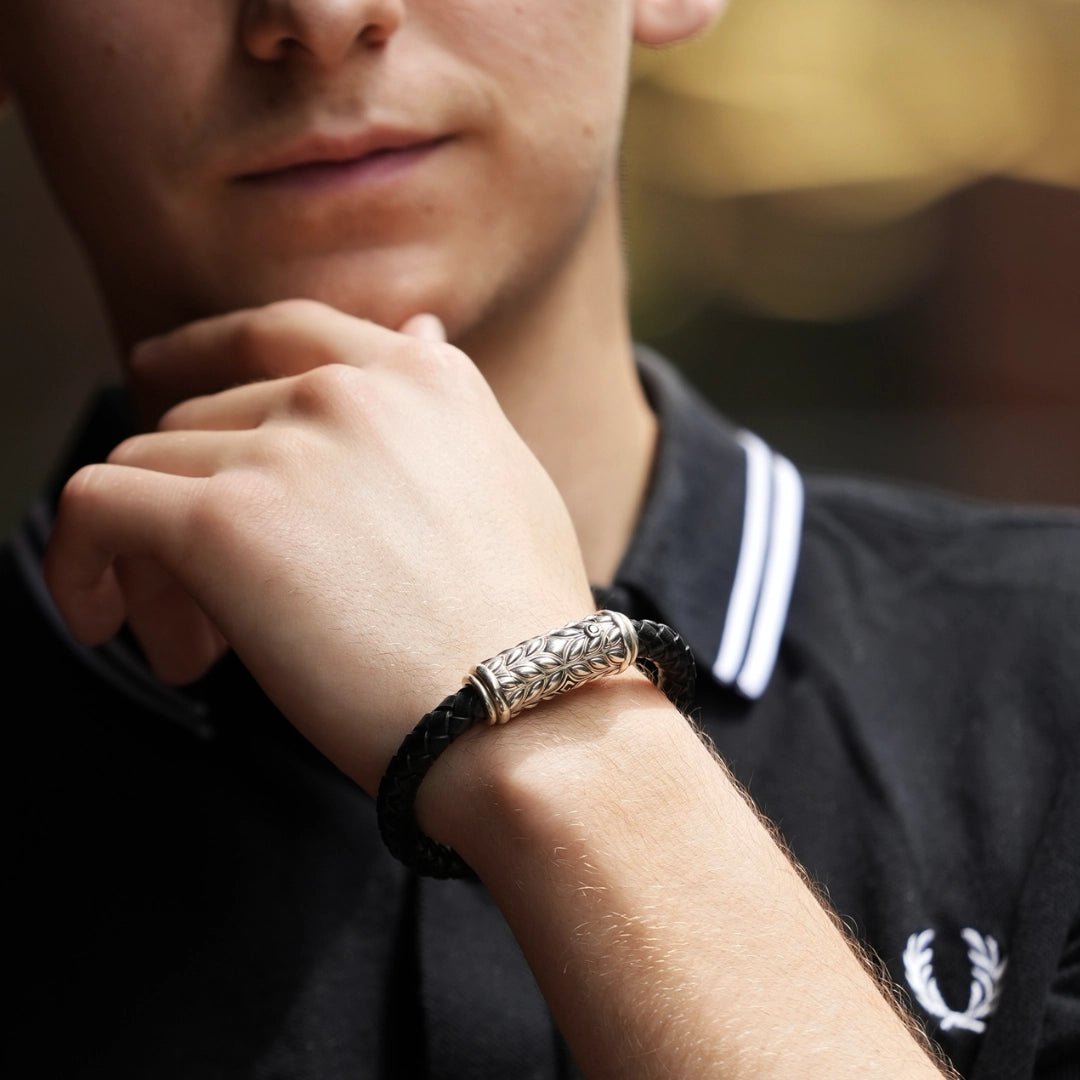 Persian Shield Men’s Twisted Black Leather Bracelet with Natural Diamonds - DaneilaLeon