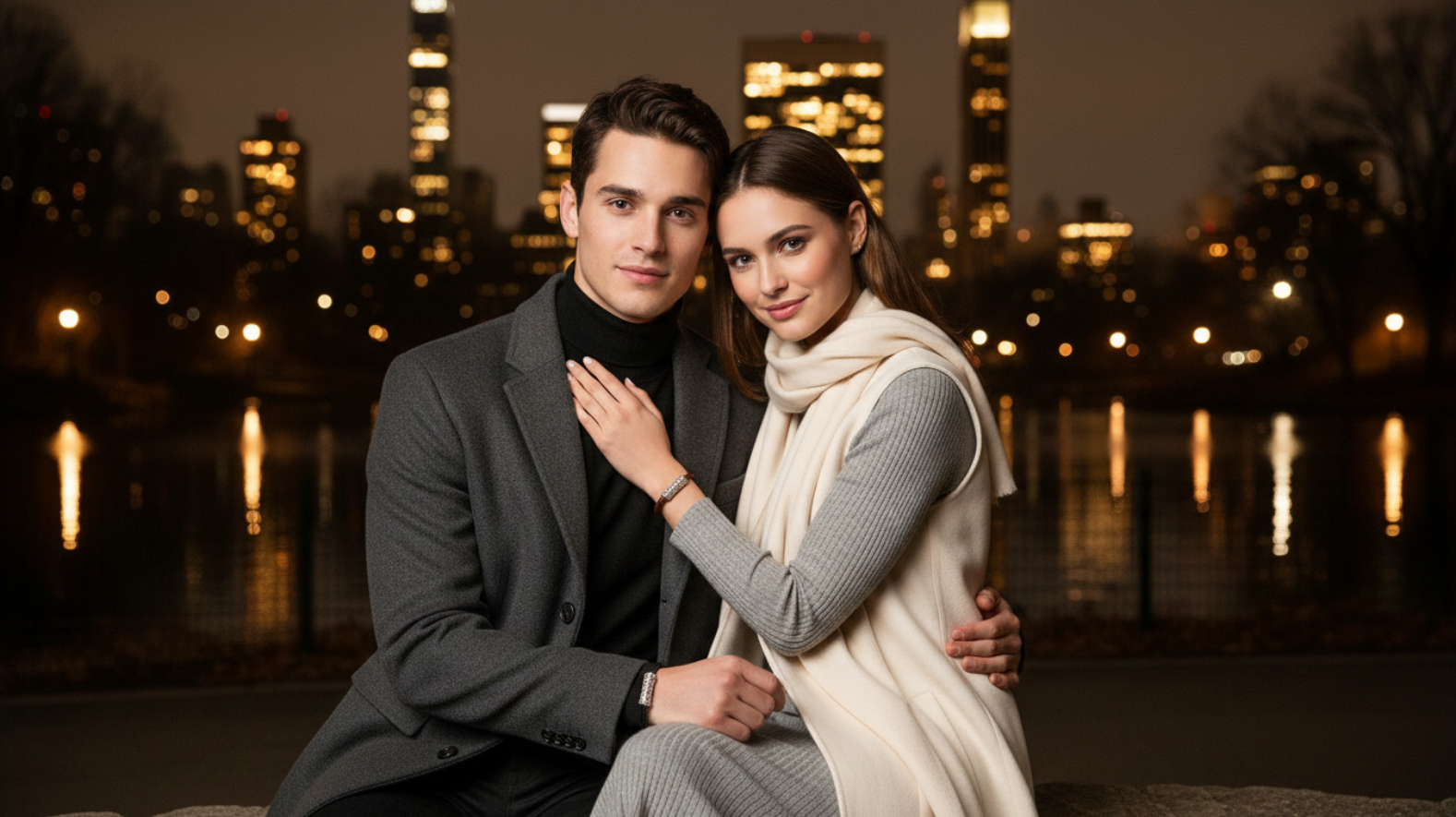 Elegant woman wearing a sapphire necklace, ring, and earrings while sitting outdoors at night with the NYC skyline blurred behind her, wrapped in a soft gray shawl over a black evening dress.slider_item_UFaDBy