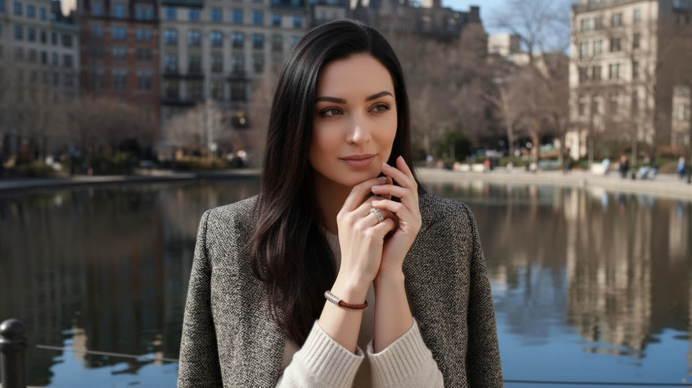 New York woman wearing sterling silver ring and bracelet by Daneila Léon, photographed outdoors in a city settingslider_item_UFaDBy