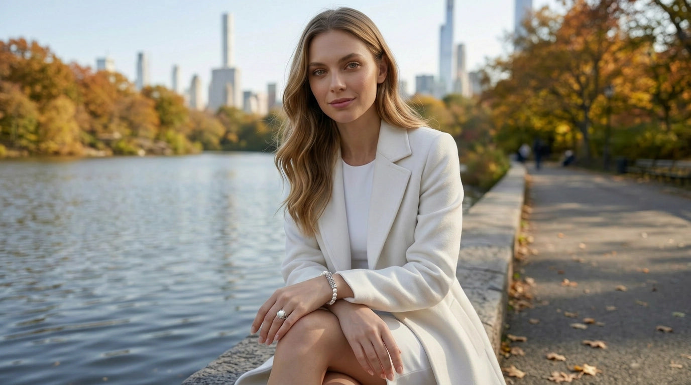 Woman seated by Central Park water wearing sterling silver pearl bracelet and ring, soft autumn light with New York skyline in the backgroundslider_item_UFaDBy
