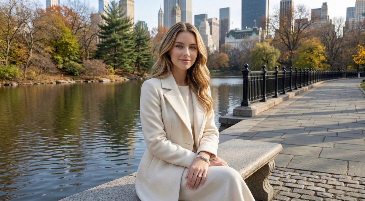 Gorgeous woman sitting on a stone bench in Central Park on a sunny winter day, wearing a refined off white coat, with city buildings and a calm pond in the background, subtly showcasing elegant silver jewelry.slider_item_UFaDBy