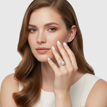 Model showing a sterling-silver ring with a large white pearl and diamond accents.