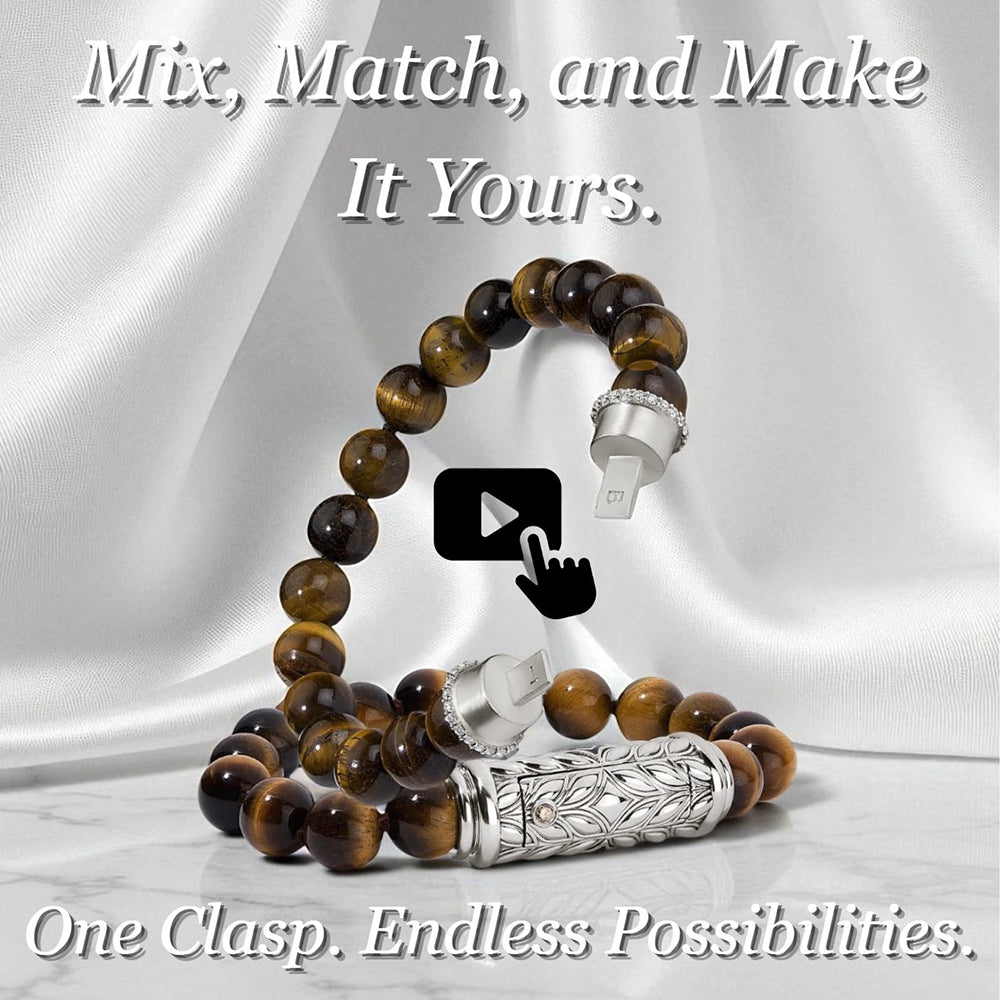 Yellow Tiger Eye interchangeable bracelet strand with sculpted Persian Shield silver clasp and diamond accents, displayed on white satin with tagline “One Clasp. Endless Possibilities.”