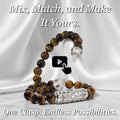 Yellow Tiger Eye interchangeable bracelet strand with sculpted Persian Shield silver clasp and diamond accents, displayed on white satin with tagline “One Clasp. Endless Possibilities.”